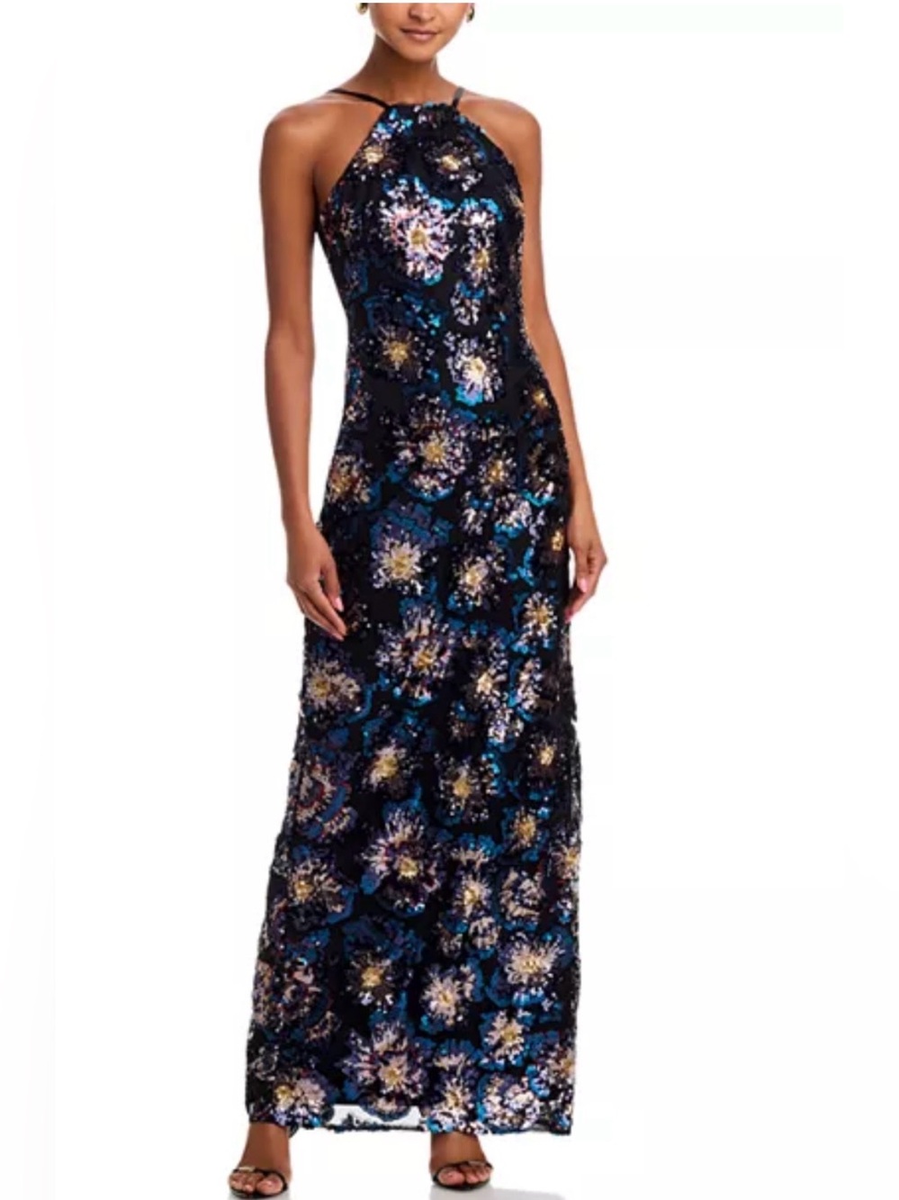 Adrianna Papell Black Halter Sequin Floral Maxi Dress